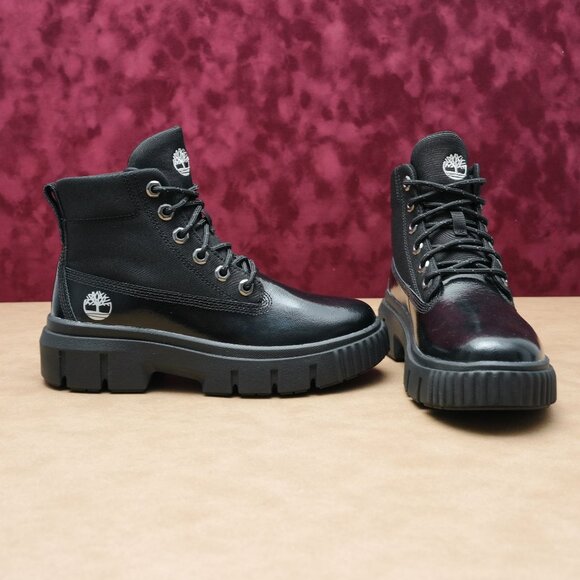 Timberland Women Greyfield Black Canvas Patent Leather Lace-up Stomp Boots sz 7 - Picture 4 of 8